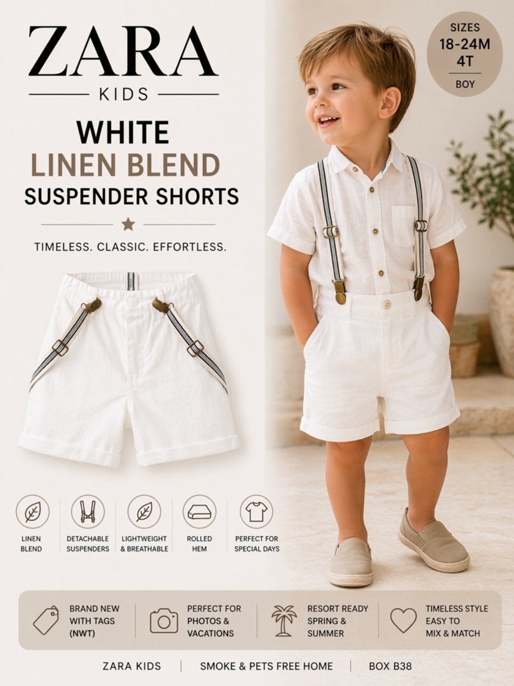 ZARA Kids White Linen Blend Suspender Shorts NWT 18-24M 4T
